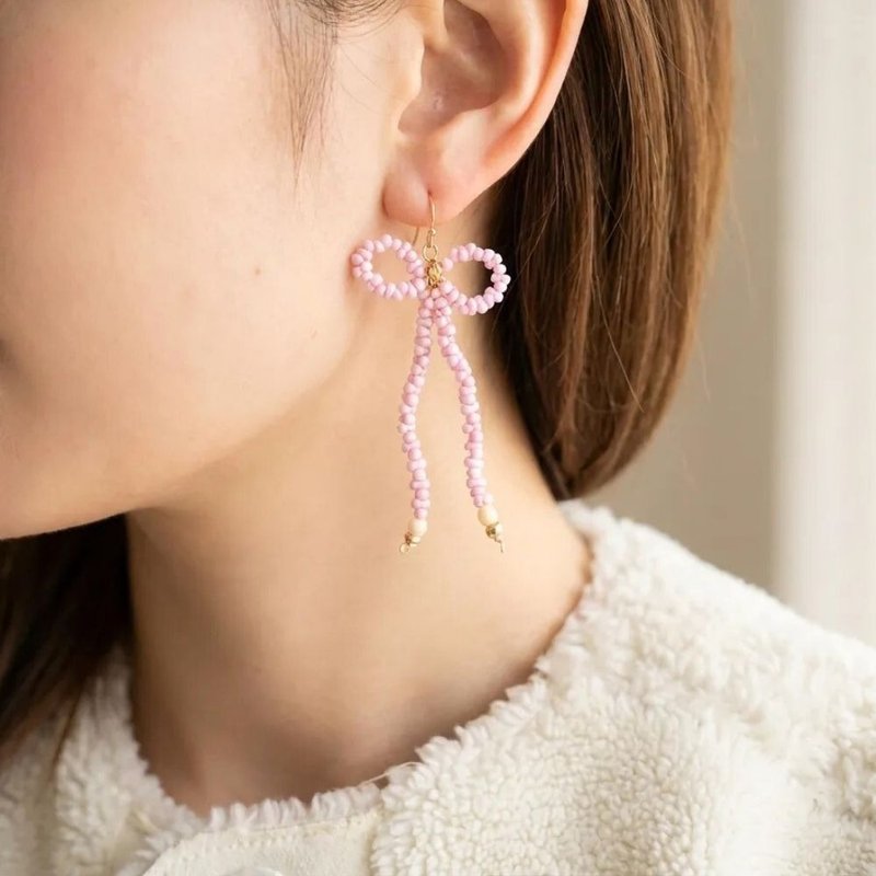 新品 粉紫色花生蝴蝶结玻璃珠耳环 - 耳环/耳夹 - 玻璃 紫色