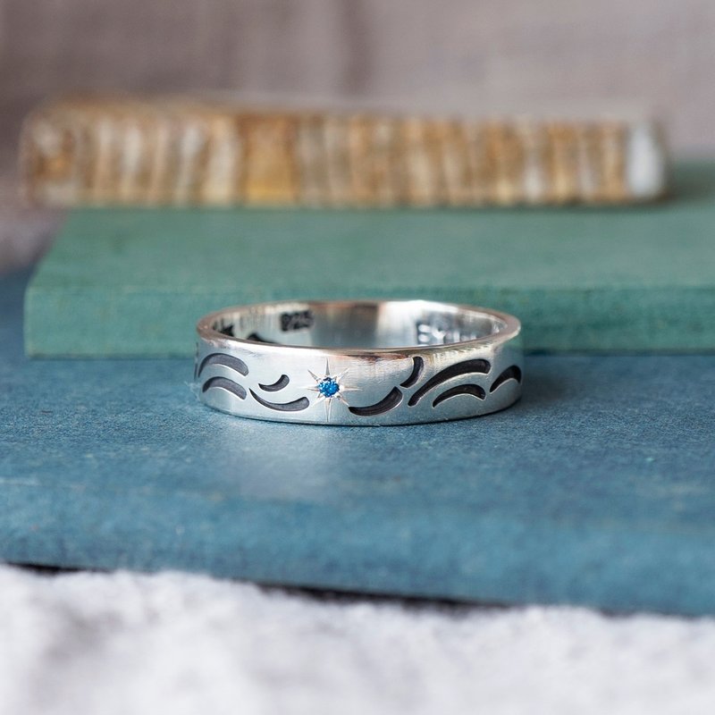 海浪图腾【冲浪】星星镶锆石 925银手工小宽戒 定制对戒 - 戒指 - 纯银 银色