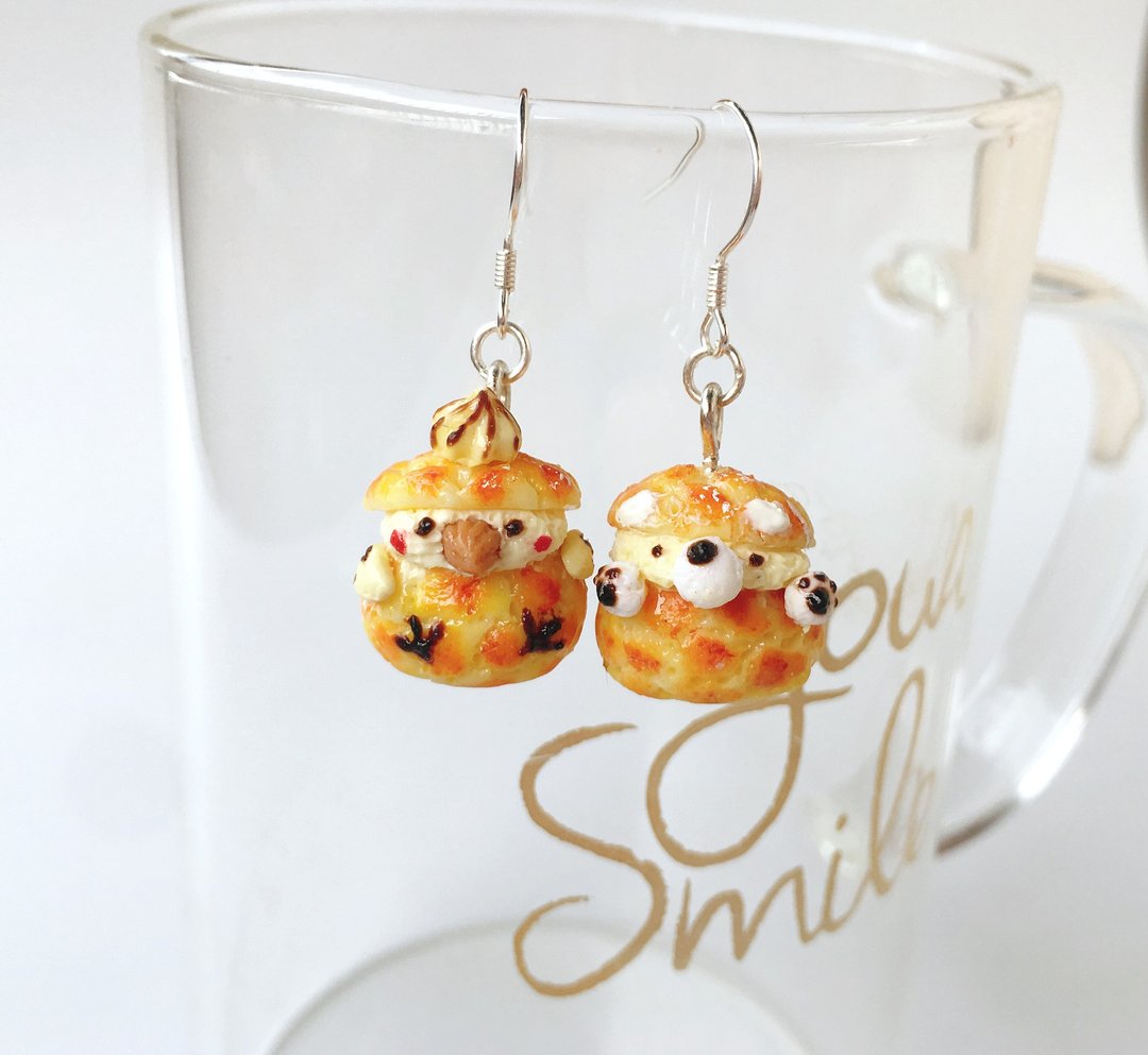 袖珍夏日可爱日系柴犬小鸡泡芙耳环Miniature Puff earrings - 耳环/耳夹 - 粘土 