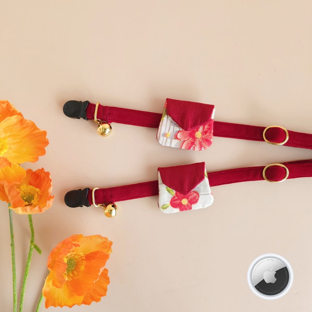 带有迷你袋的安全项圈，适用于 AirTag，在花园中跳舞模型，粉红主题。 - 项圈/牵绳 - 棉 红色