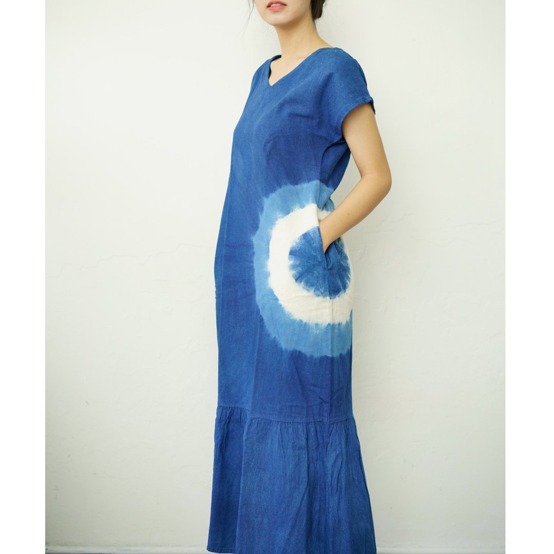 V-Neck Target Dress - 短袖扎染连身裙 - 洋装/连衣裙 - 棉 蓝色