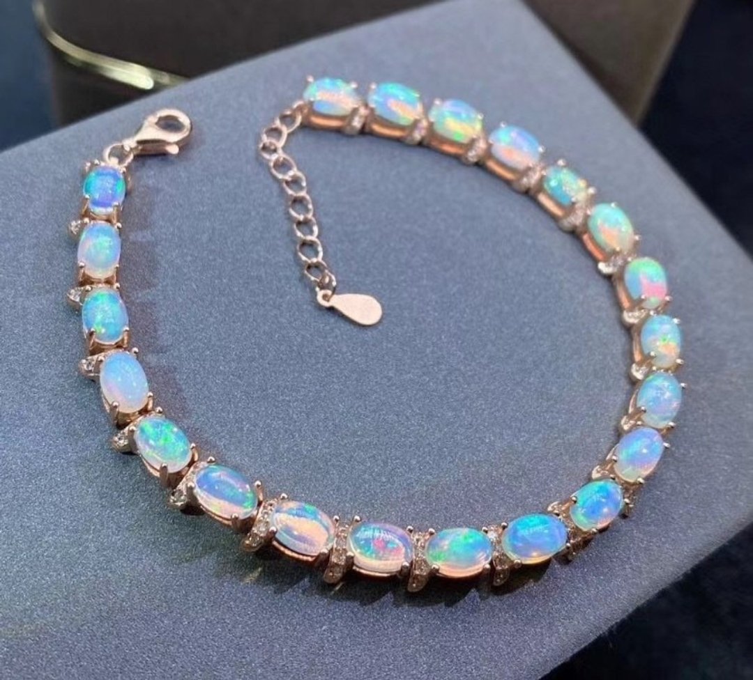 Opal Bracelet, Natural Opal Bracelet, Australian Opal Handmade Bracelet - 手链/手环 - 其他金属 银色