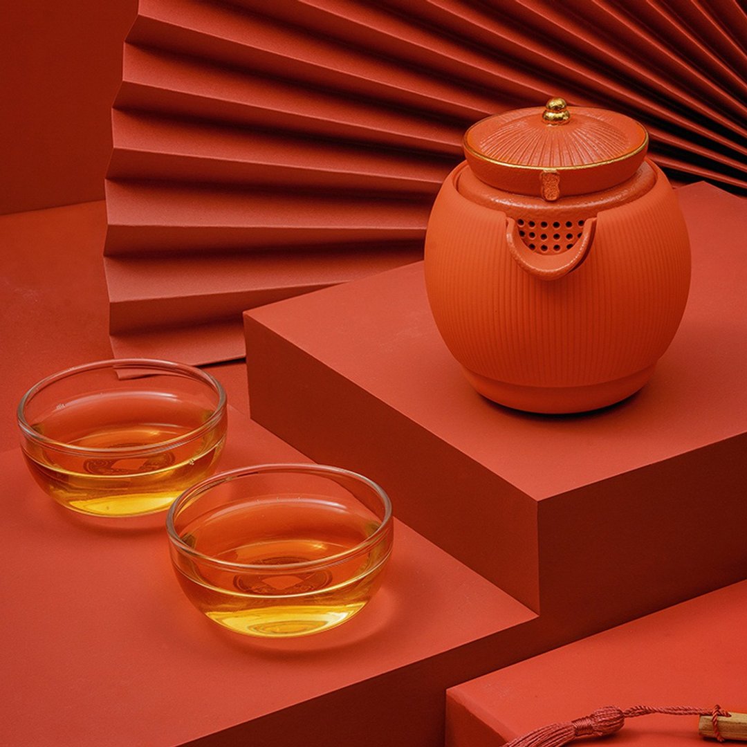 故宫宫廷文化 | 步步登高茶具  一壶二杯便携茶杯  新年礼物 圣诞 - 茶具/茶杯 - 陶 红色