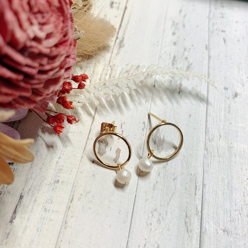 SL334 圈圈珍珠耳环 (大款) - 耳环/耳夹 - 其他金属 金色