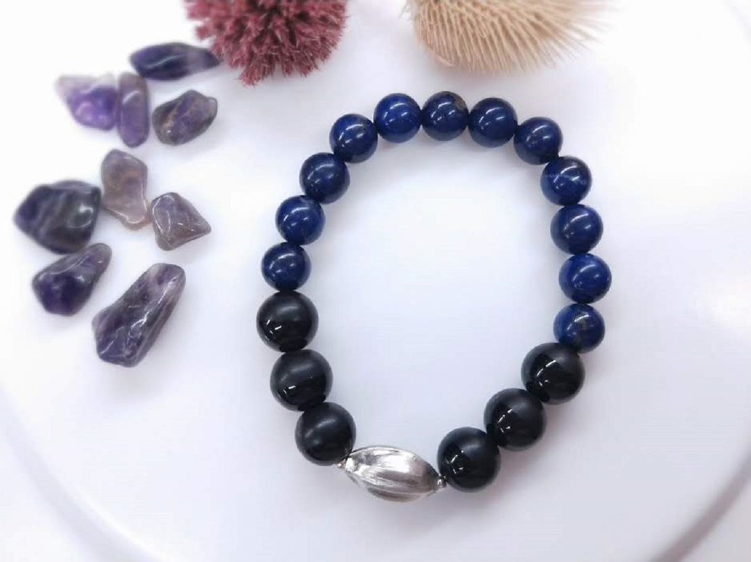【独一商品】青金石*黑玉髓纯银手串 - 手链/手环 - 水晶 蓝色