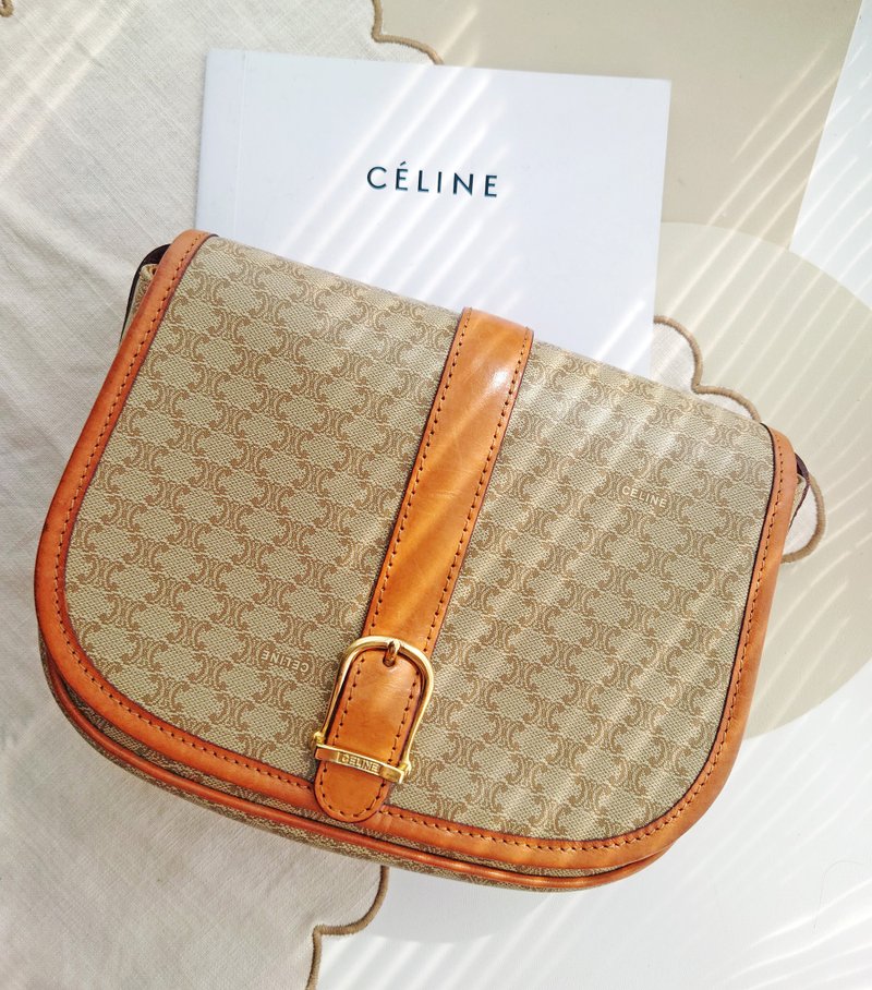 中古包 CELINE 米花凯旋门马鞍包半月包单肩包斜背包斜背包斜挎包 - 侧背包/斜挎包 - 防水材质 卡其色