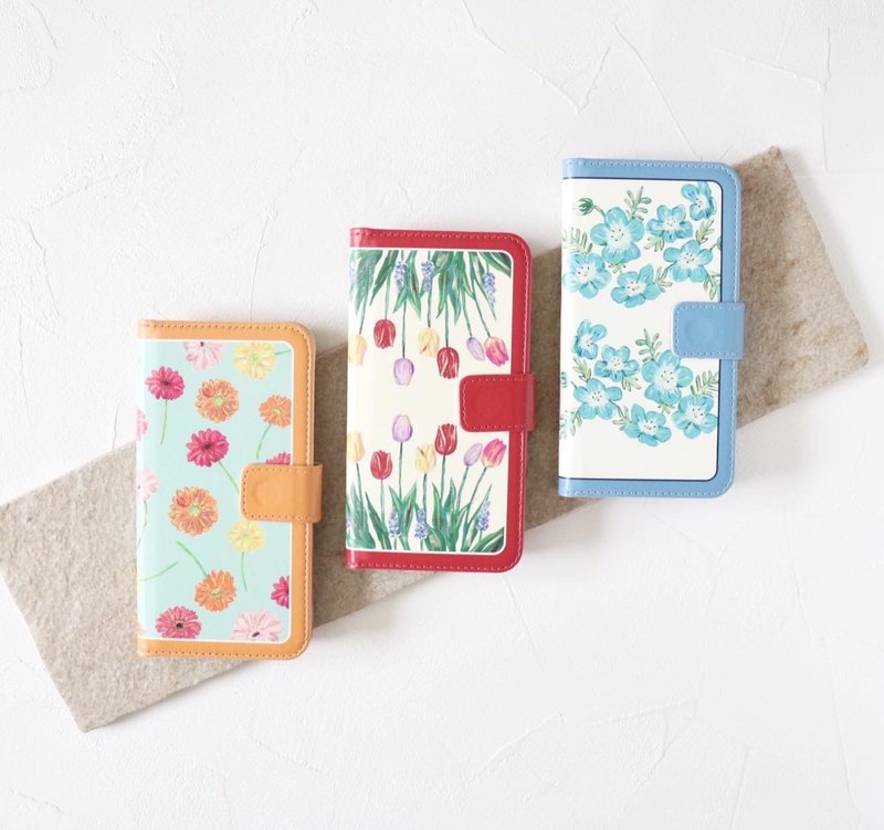 A notebook-type smartphone case for carrying art, tulips, nemophila, gerbera as - 手机壳/手机套 - 塑料 