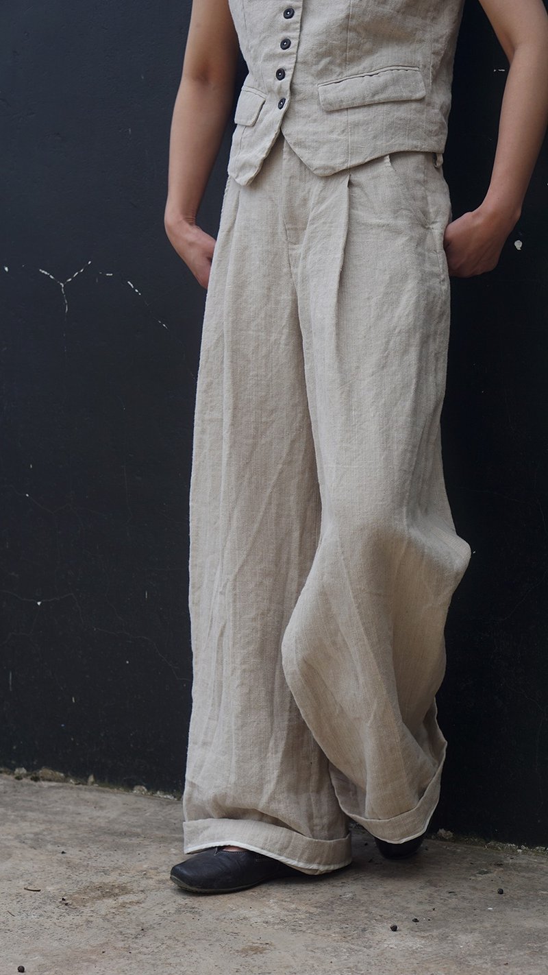 raw hemp loose pants 原生亚麻阔腿裤 - 女装长裤 - 棉．麻 卡其色