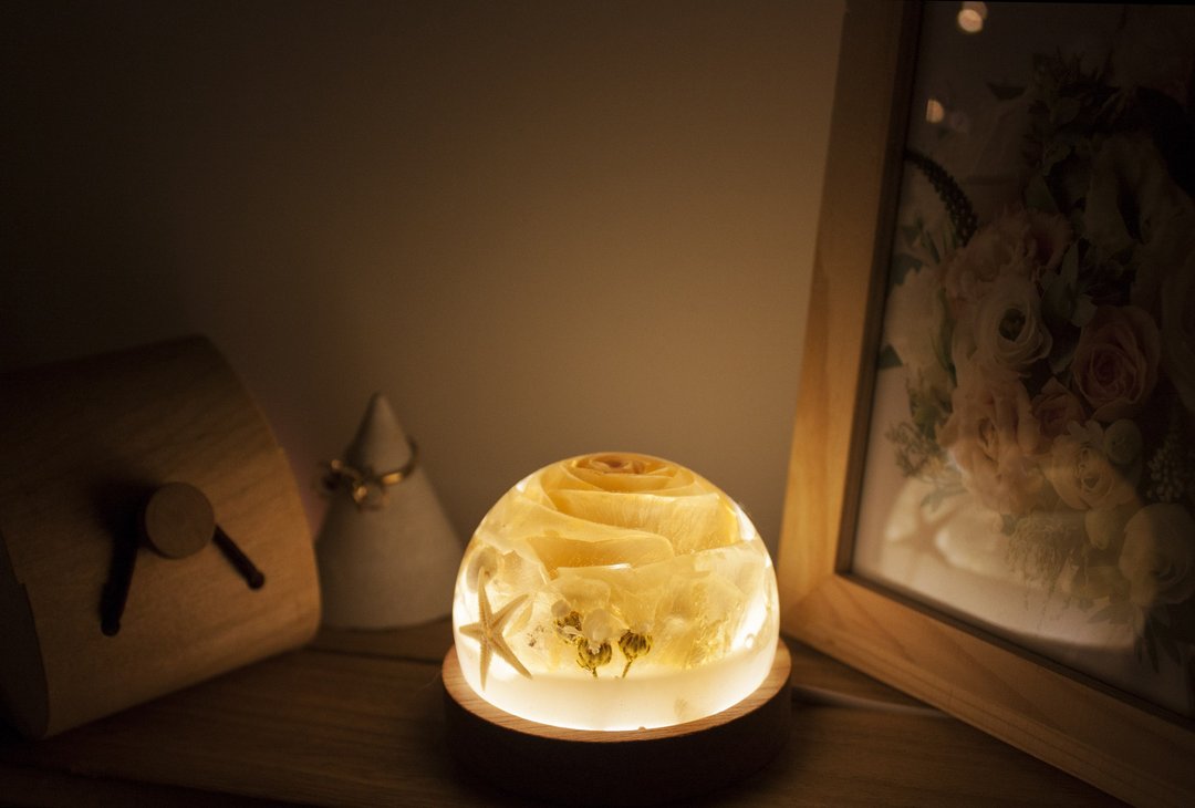 永生白色玫瑰小夜灯 干燥花气氛灯 手作礼物 定制化生日礼物 摆饰 - 灯具/灯饰 - 水晶 白色