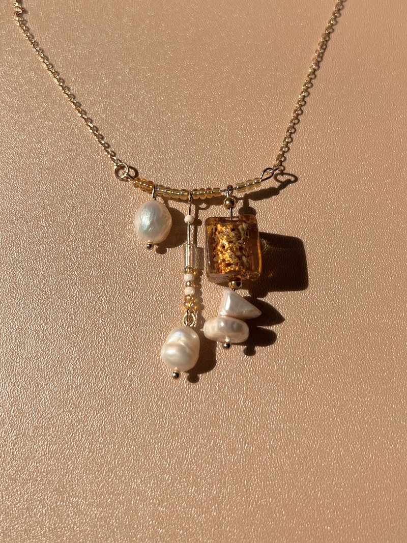 天然巴洛克淡水珍珠金箔琉璃珠串珠项链 | 生日情人节礼物 - 项链 - 珍珠 金色