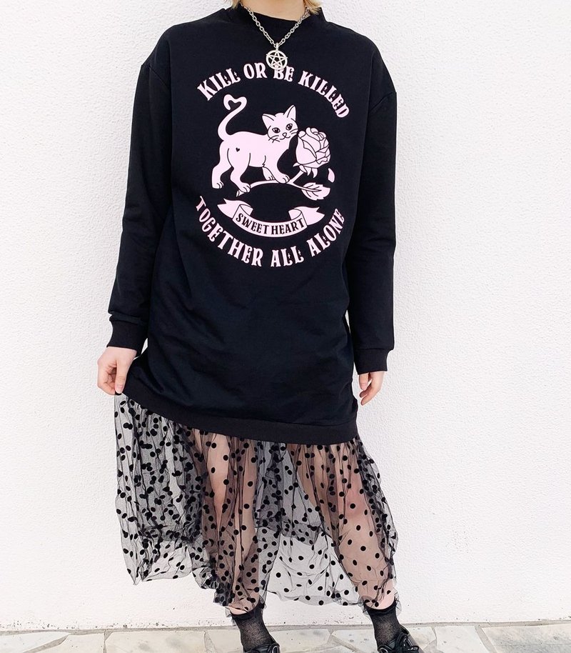 附薄纱的大学T洋装 / 黑色 / 圆点 / hellcatpunks / hcp-op-0080 - 洋装/连衣裙 - 棉．麻 黑色