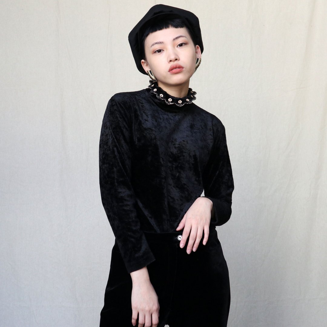 南瓜Vintage。古着 黑色 高领 绣花 绒面 上衣 - 女装上衣 - 其他材质 黑色