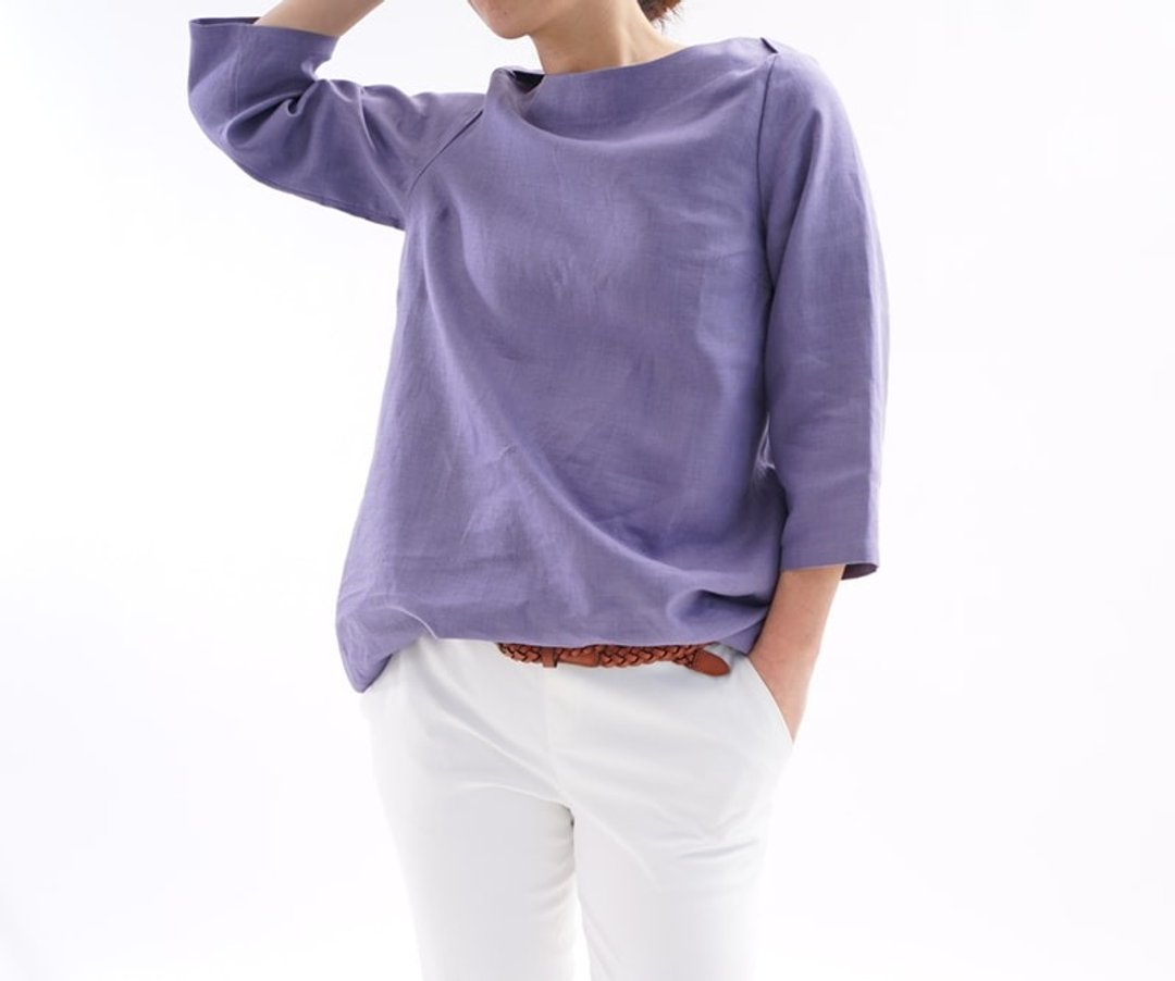linen / linen tunic / boat neck / long sleeve / tops / long ength tunic / a24-3 - 洋装/连衣裙 - 棉 紫色