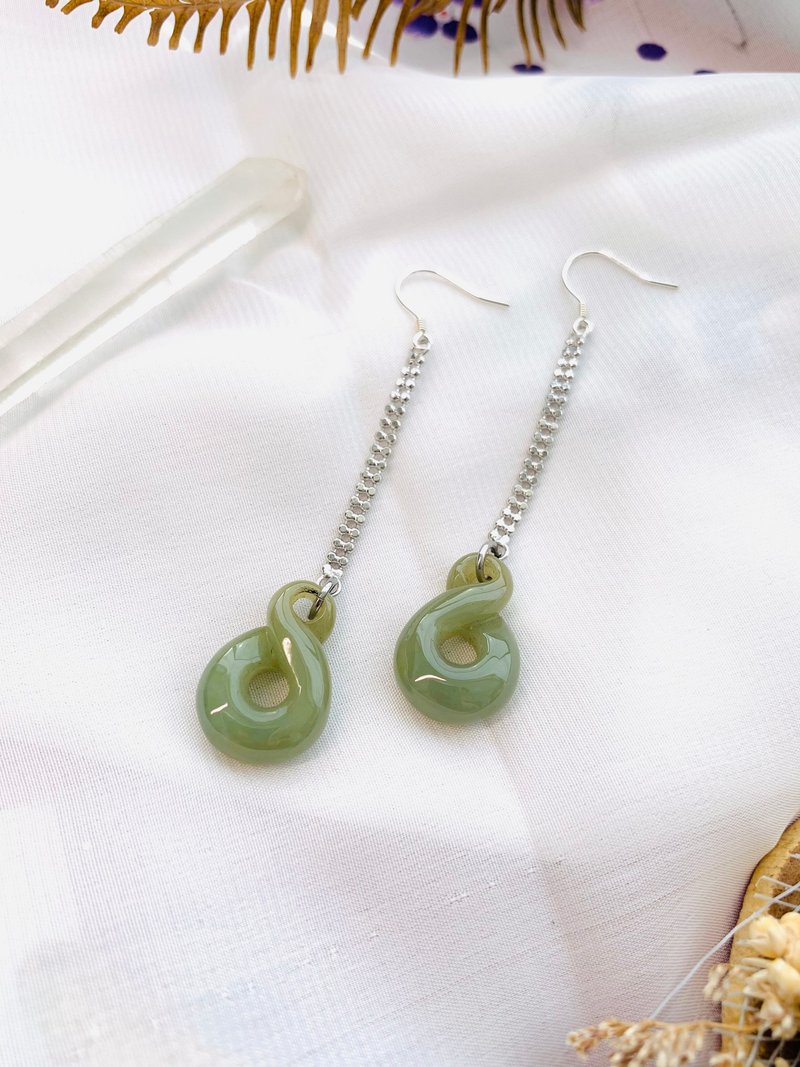 翡翠油清8字葫芦、铜合金长链、925银耳勾 - 耳环/耳夹 - 玉石 绿色