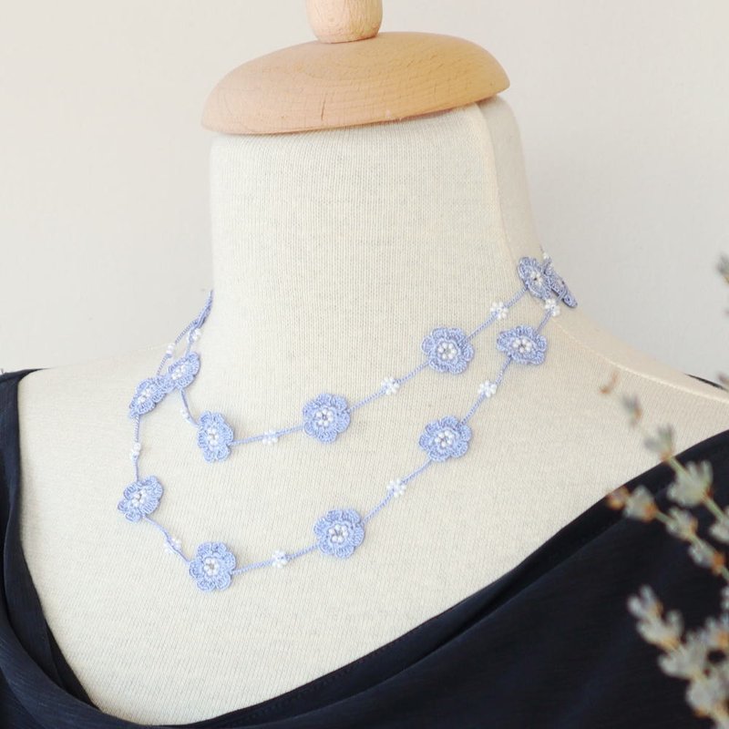蕾丝编织90cm颈链【玛丽】月光蓝 - 项链 - 绣线 蓝色