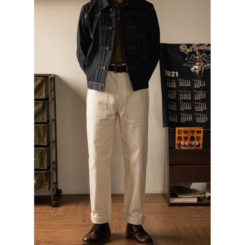 OG-107 工装裤 HBT鱼骨纹 宽松直筒 P41 本色白 美军公发 - 男士长裤 - 棉．麻 白色