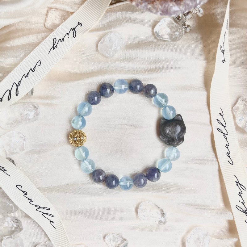 狐狸宝宝 招桃花 银曜石 海蓝宝 瑾青石 14K包金设计款 开运水晶 - 手链/手环 - 水晶 多色