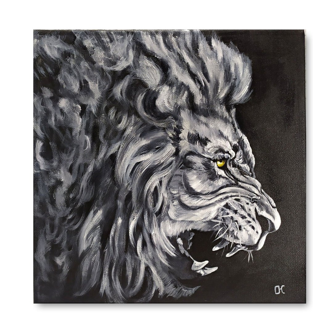 Lion Original Oil Painting Black and white Wall art  原畫 一隻獅子 油画 壁画 - 海报/装饰画/版画 - 环保材料 白色