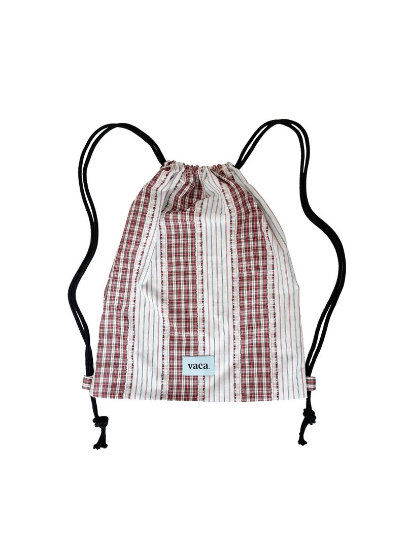 流苏格纹健身束口袋包 (红色) - 束口袋双肩包 - 棉．麻 红色