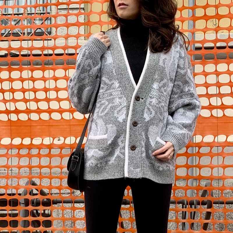 古着 意大利制 男女同款 灰白几何图形 开衫毛衣 - 男装针织衫/毛衣 - 羊毛 灰色