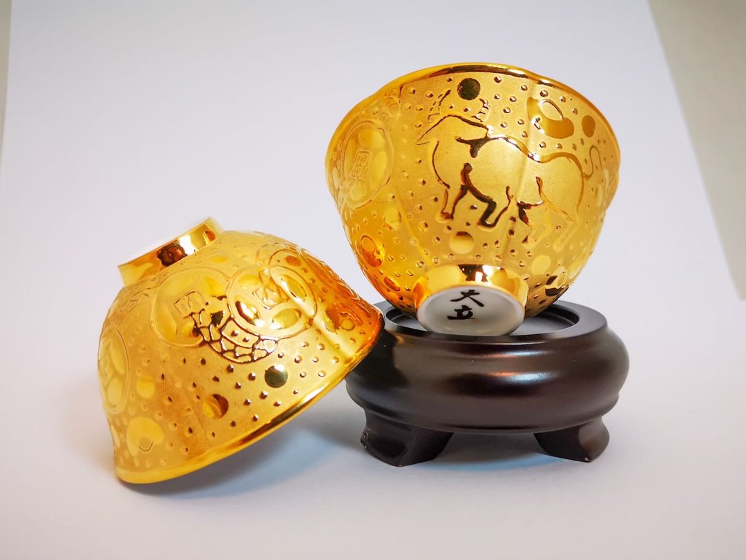 【大立窑】鎏金法华彩 牛转乾坤 葵口对杯 (2入/盒) - 茶具/茶杯 - 瓷 