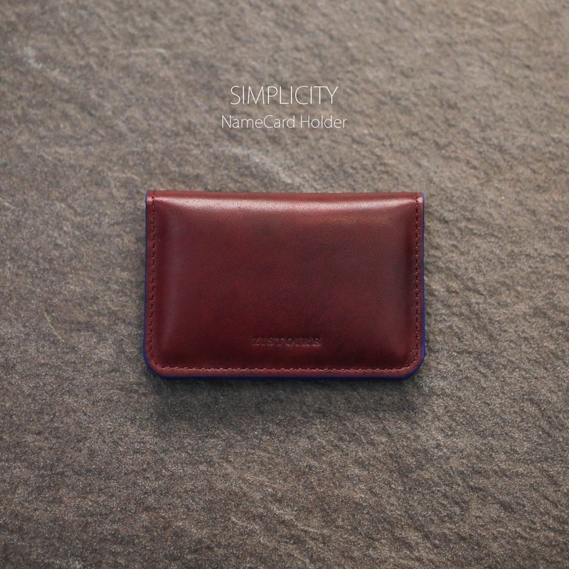 【SIMPLICITY】ZiBAG-027 / NameCard Holder / 简约名片夹 /酒红(云彩刷纹)│Burgundy  (油边 : 蓝绿) - 名片夹/名片盒 - 真皮 