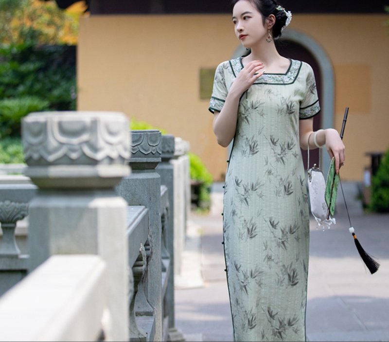 风许青枝 新中式復古  少女文艺森系旗袍 - 旗袍 - 其他材质 绿色