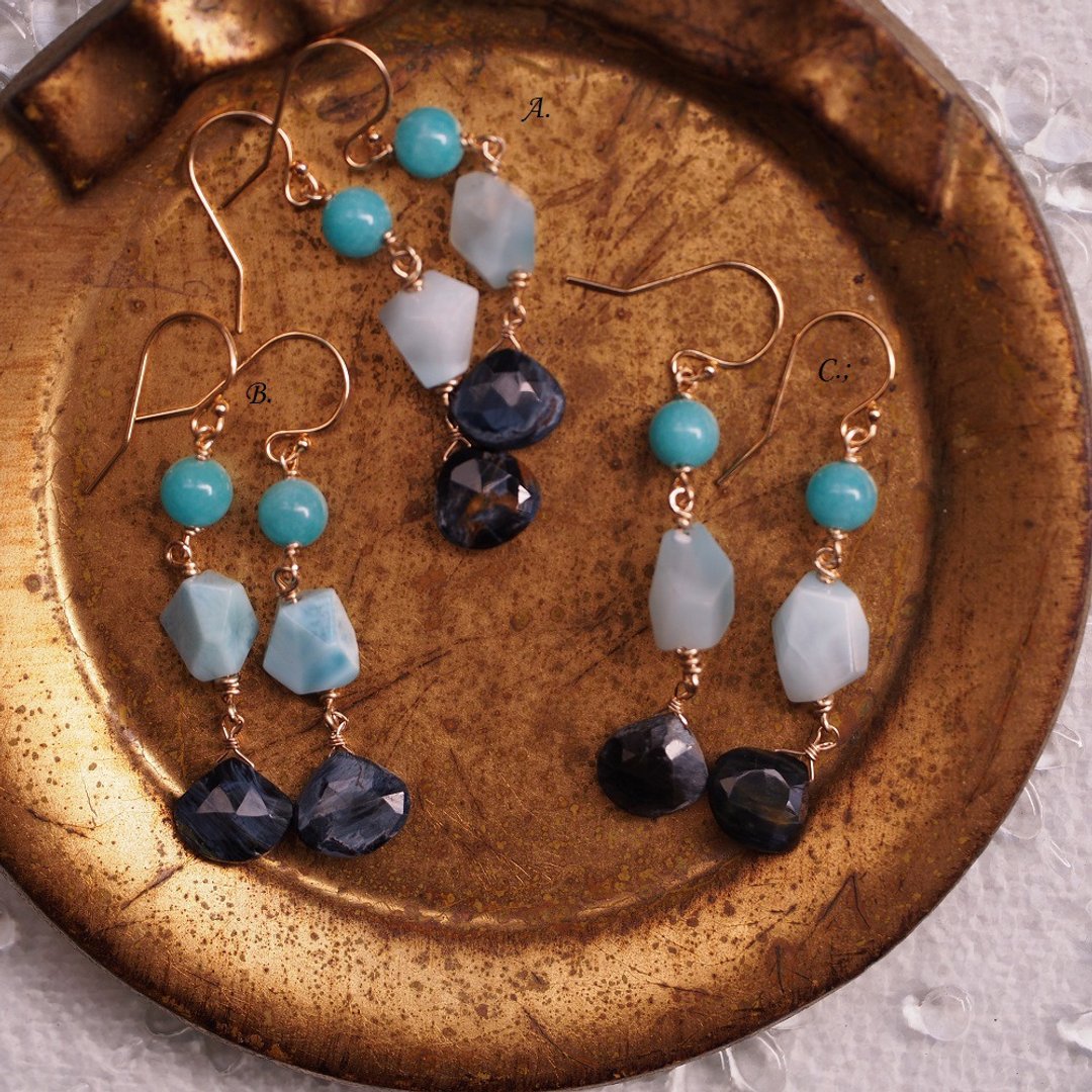 14KGF 天河石 拉利玛 彼得石 手工耳环  Pietersite earrings - 耳环/耳夹 - 半宝石 蓝色