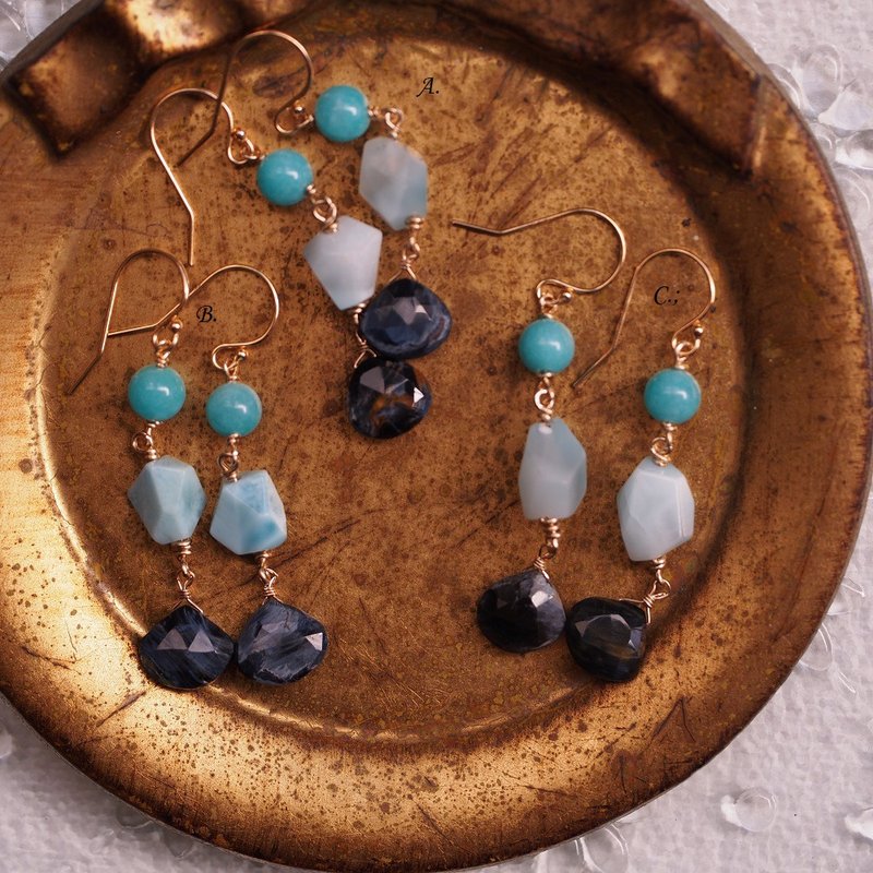 14KGF 天河石 拉利玛 彼得石 手工耳环  Pietersite earrings - 耳环/耳夹 - 半宝石 蓝色