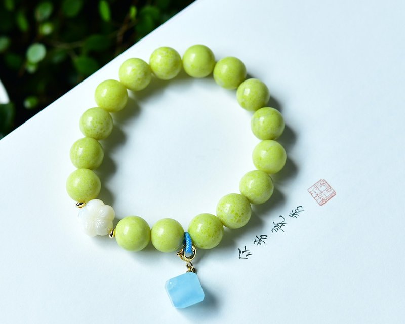 新款美货 天然菜花玉11mm手链 点缀和田玉 海蓝宝方块配饰 - 手链/手环 - 水晶 