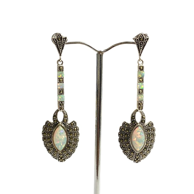Victorian Gilson Opal and Marcasite Set Pendant and Earrings 925 Sterling Silver - 耳环/耳夹 - 纯银 银色