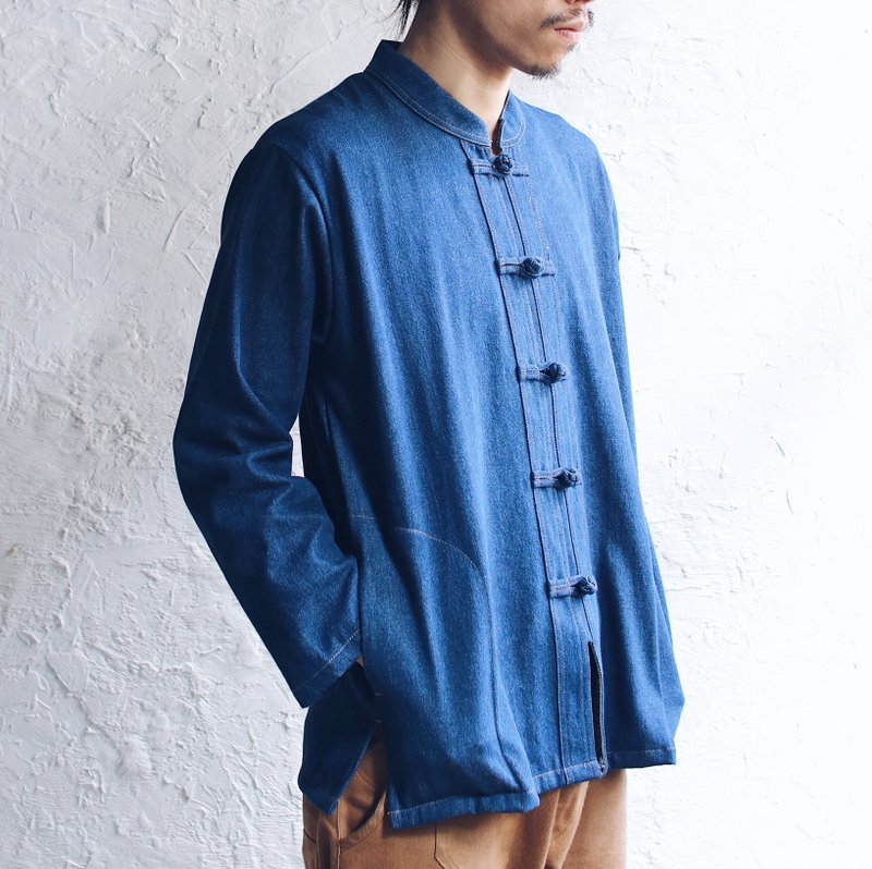 OMAKE Original 丹宁盘扣衬衫/蓝 - 男装衬衫 - 棉．麻 蓝色
