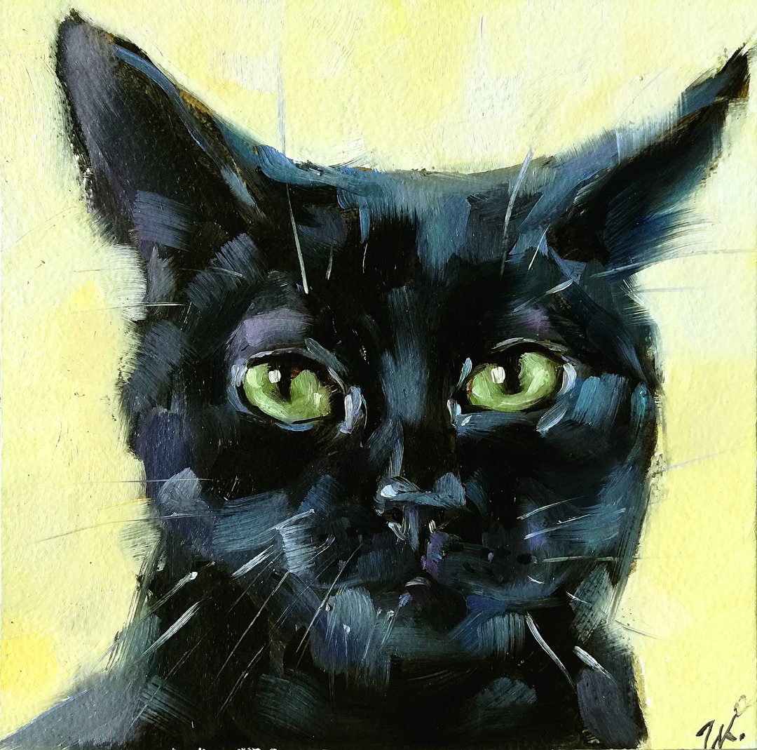 Black Cat Painting Pet Original Oil Painting Cat Artwork  Animal Mini Art - 海报/装饰画/版画 - 其他材质 多色