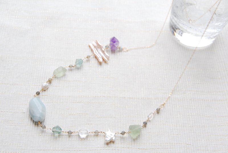 Aquamarine and various stone long necklaces 14kgf - 长链 - 半宝石 蓝色