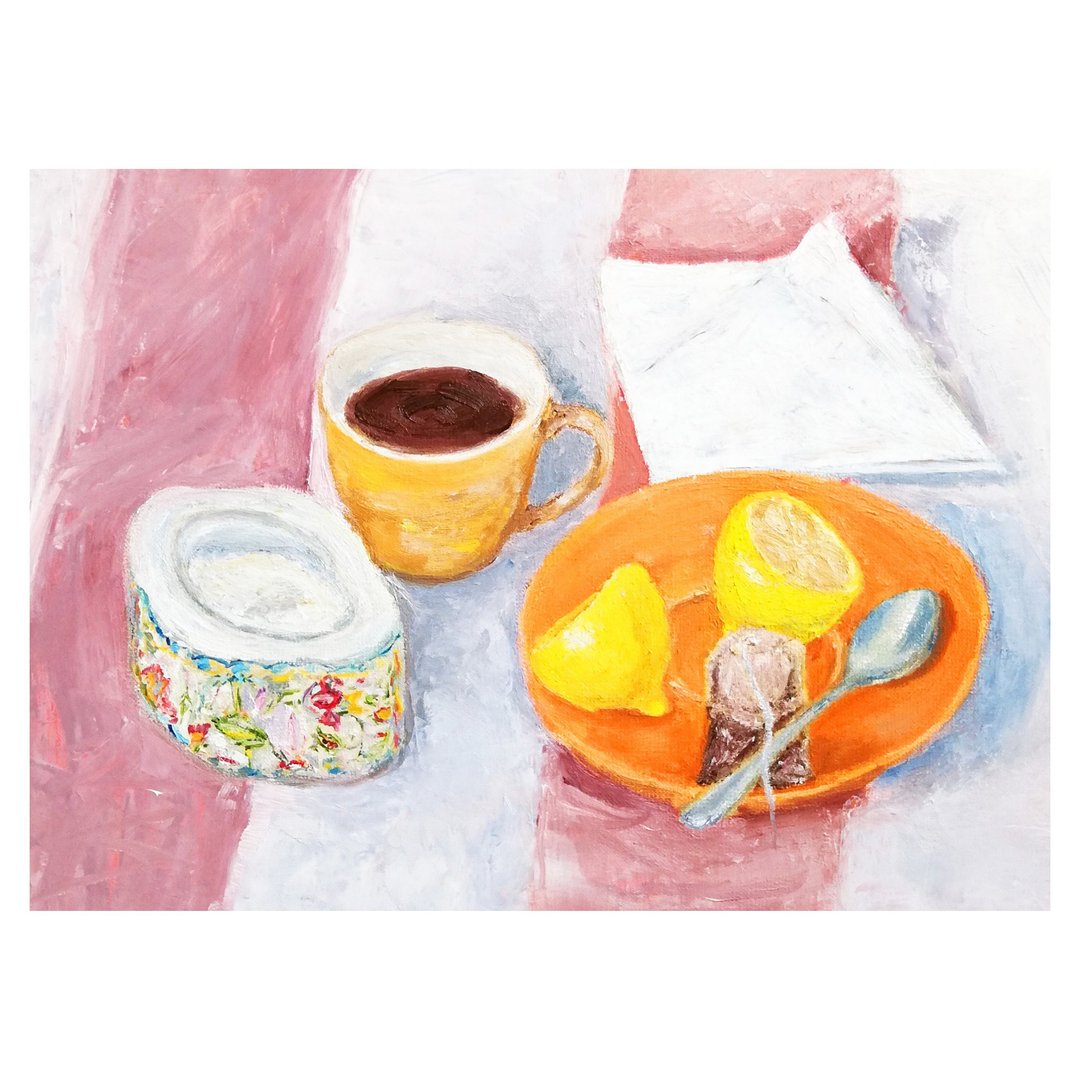 Tea Cup Painting Still Life Original Art Tea Time Painting Fruit Small Wall Art - 海报/装饰画/版画 - 棉．麻 多色