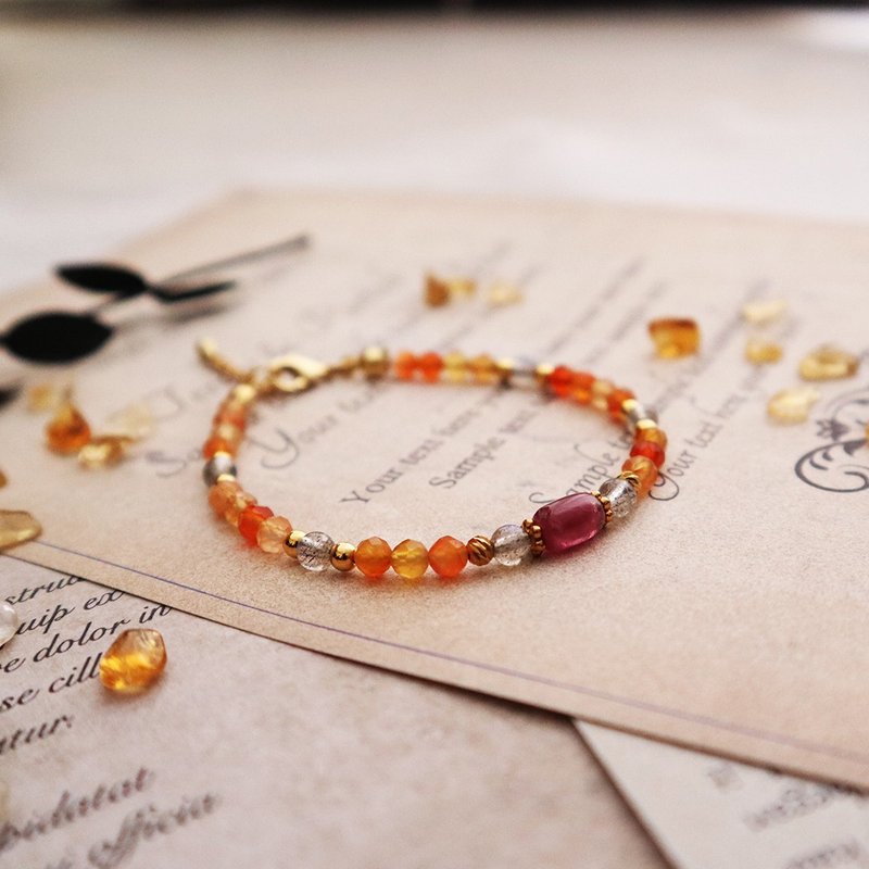 橘红玛瑙-粉红碧玺-拉长石│黄铜 扣环式 手链 - 手链/手环 - 水晶 橘色