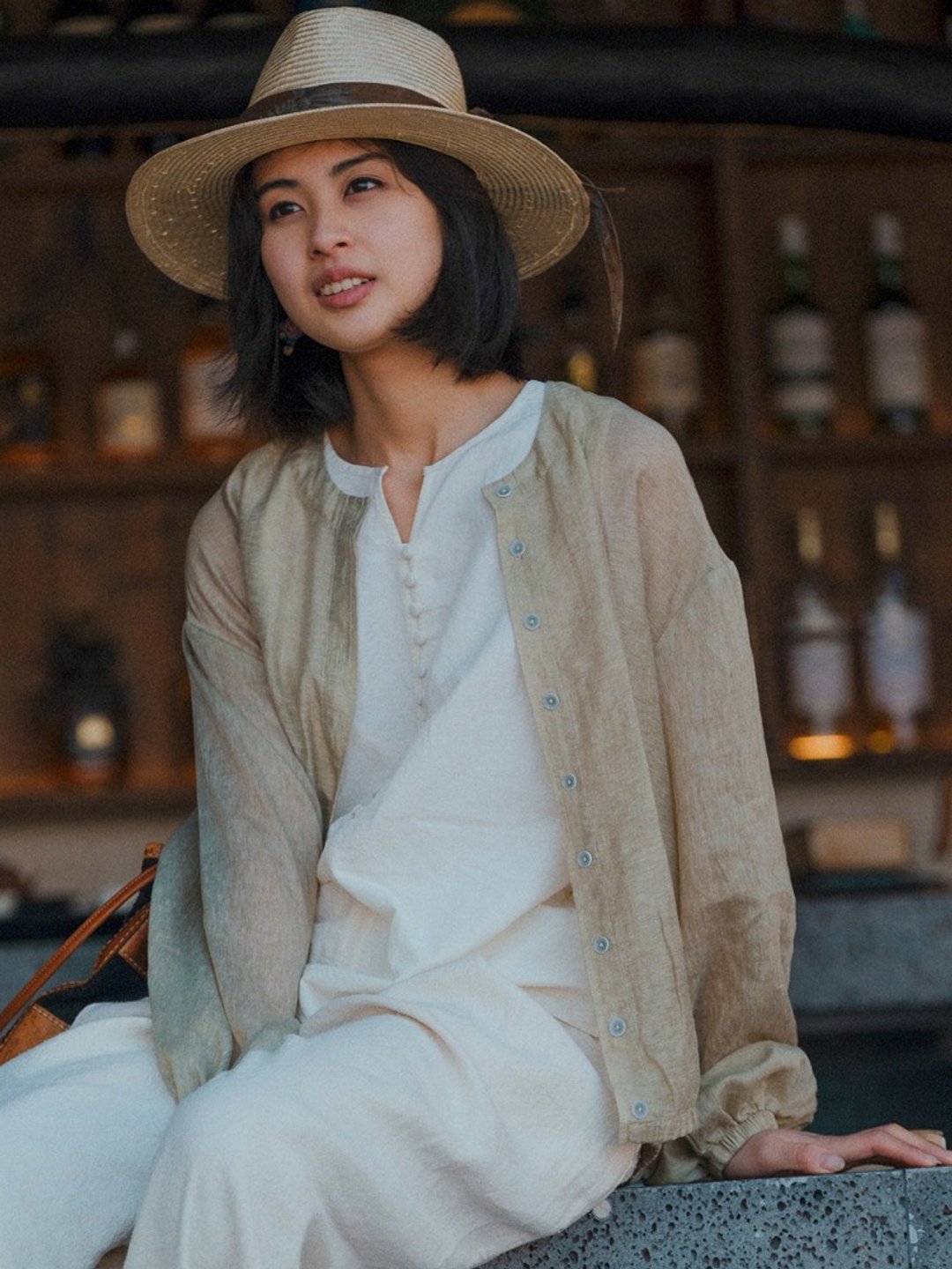 臓粉/青綠 天絲亞麻提花抽縐燈籠袖防曬襯衫 開衫薄外套 - 女装衬衫 - 棉 绿色