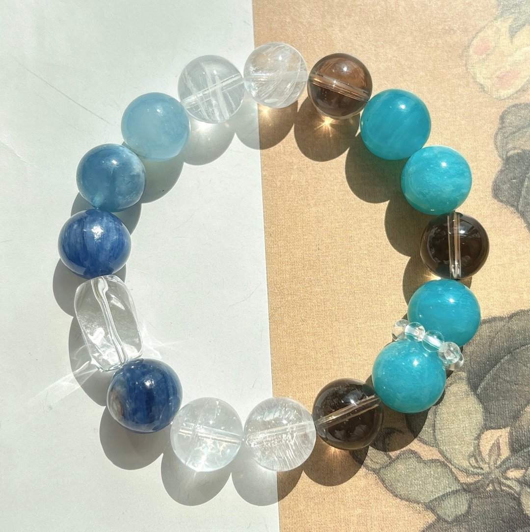 天然海蓝宝 蓝晶石 白水晶 白阿赛 白水晶转运珠 茶水晶 天河石 - 手链/手环 - 水晶 