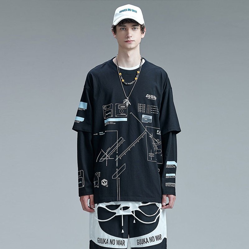 情侣拼接假两件T恤 嘻哈运动黑色长袖上衣 - 男装上衣/T 恤 - 棉．麻 