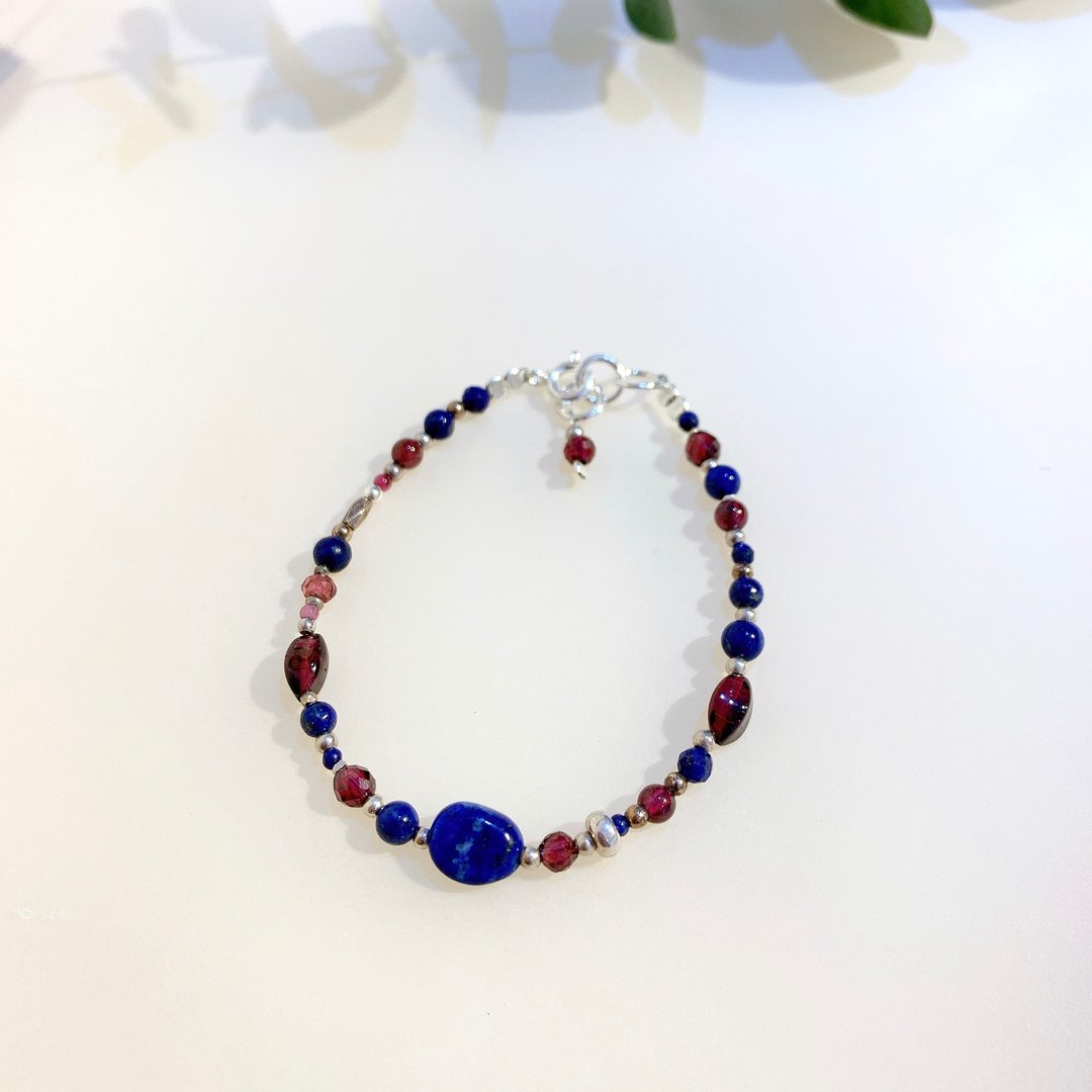 Ops Lapis Garnet Silver bracelet-青金石/宝蓝/石榴石/正能量 - 手链/手环 - 宝石 蓝色