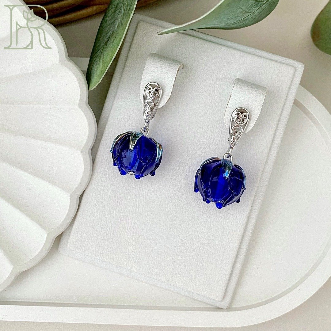 Spring Sterling Silver Dangle Earrings / Goddess Boho Bridal Silver Jewelry - 耳环/耳夹 - 纯银 蓝色