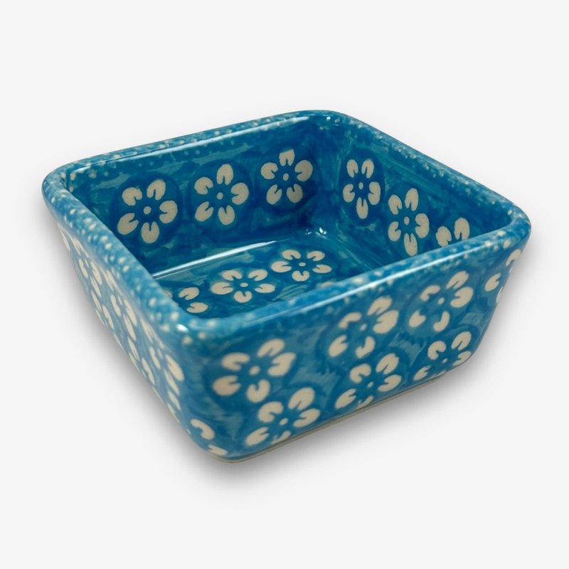 波兰手绘手工陶-方型碗 10cm 传统图腾系列 蓝色 设计师款 - 碗 - 陶 蓝色