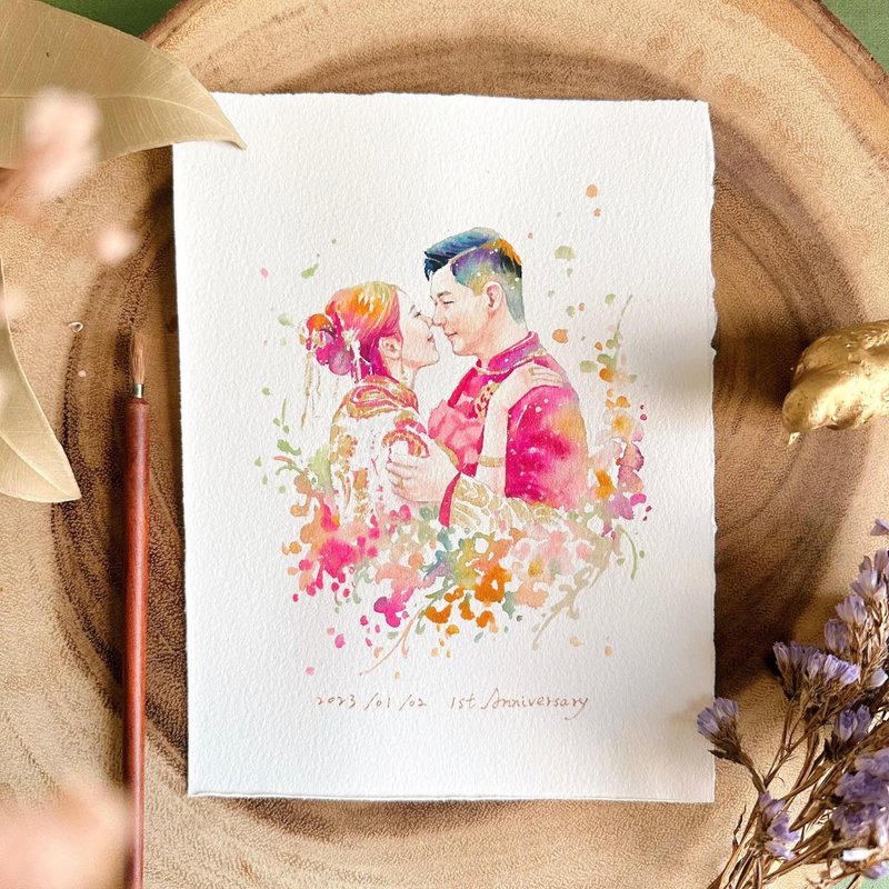 手工水彩似颜绘 | 手绘中式结婚画像 人像画定制 生日 婚礼 结婚 - 订制画像 - 纸 