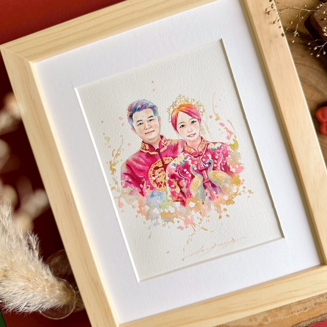 手工水彩似颜绘 | 手绘中式结婚画像 人像画定制 生日 婚礼 结婚 - 订制画像 - 纸 