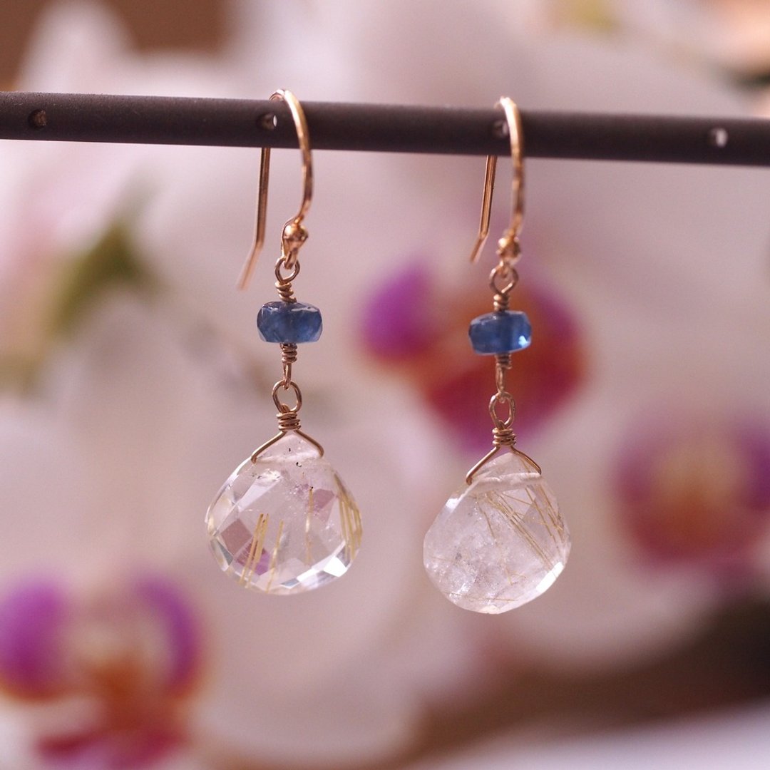 14K GF 钛晶 针水晶 蓝宝石 耳环 Quartz Rutilated Sapphire - 耳环/耳夹 - 半宝石 金色