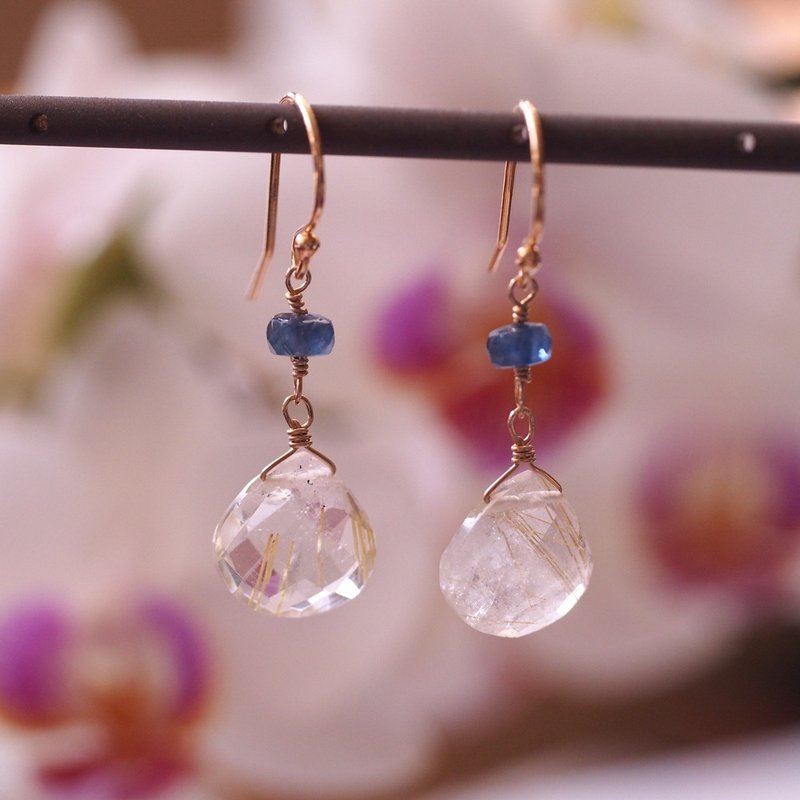 14K GF 钛晶 针水晶 蓝宝石 耳环 Quartz Rutilated Sapphire - 耳环/耳夹 - 半宝石 金色