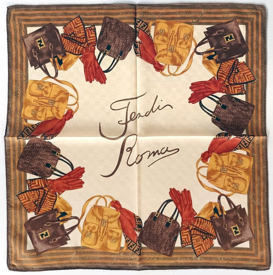 复古 Fendi 手帕 – 手套 - 包包与饰品图案 19 x 19 英寸 - 手帕/方巾 - 棉 咖啡色