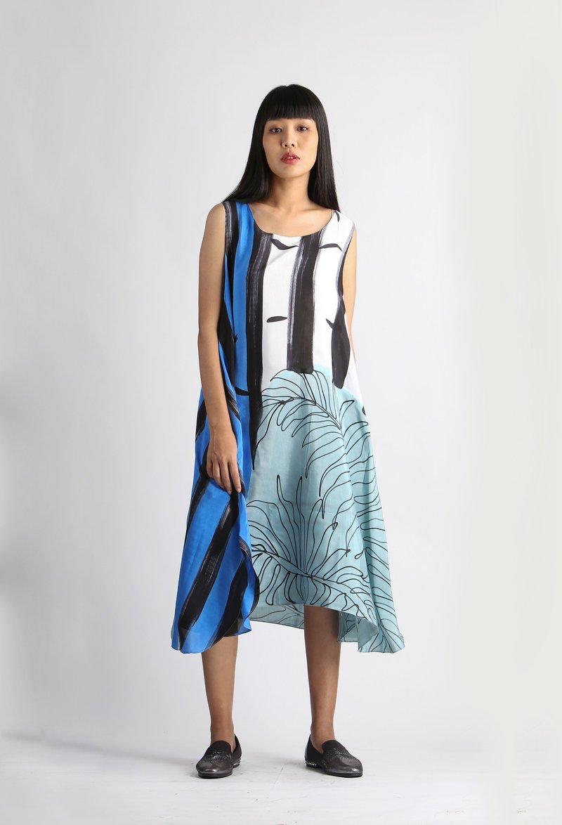Dress Hand Paint Soft Cotton Silk for Yoga Vacation Holidays - 洋装/连衣裙 - 棉 蓝色