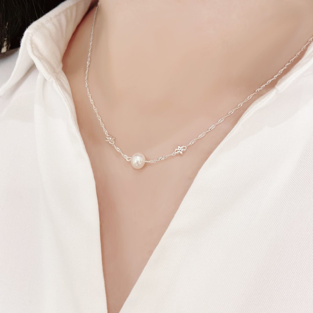 日式珍珠小花项链 Pearl &amp; Fowers Necklace - 项链 - 珍珠 银色