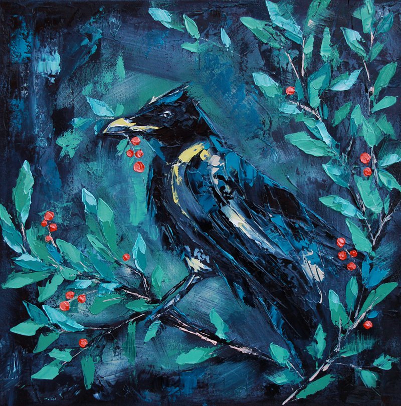 Raven Painting Crow Original Art Bird Artwork Palette Knife Art 油畫原作 40by40 cm - 海报/装饰画/版画 - 其他材质 黑色